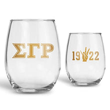 Load image into Gallery viewer, Sigma Gamma Rho Official Vendor - Set of Two 21 oz Stemless Wine Glasses with 10k Gold Ink - 1922 - SGRho - Sorority Paraphernalia