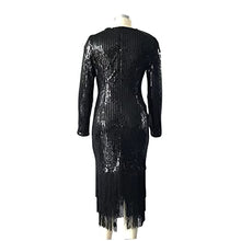 Load image into Gallery viewer, Elegant Women Sequin Long Sleeve Tassel Bodycon Midi Dress Party Evening Gown Formal Dress Black