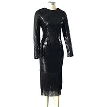 Load image into Gallery viewer, Elegant Women Sequin Long Sleeve Tassel Bodycon Midi Dress Party Evening Gown Formal Dress Black