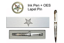 Load image into Gallery viewer, Order of the Eastern Star, OES, Masonic Ink Pen White/Pewter Embossed w/OES Symbols Plus Free OES Lapel Pin