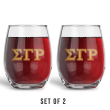 Load image into Gallery viewer, Sigma Gamma Rho Official Vendor - Set of Two 21 oz Stemless Wine Glasses with 10k Gold Ink - 1922 - SGRho - Sorority Paraphernalia