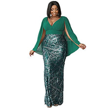 Load image into Gallery viewer, Women’s Plus Size Chiffon Tulle V Neck Cloak Sleeve Formal Maxi Dress, Sequin Split Back Mermaid Evening Prom Gown Green