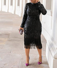 Load image into Gallery viewer, Elegant Women Sequin Long Sleeve Tassel Bodycon Midi Dress Party Evening Gown Formal Dress Black