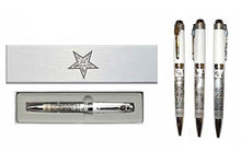 Load image into Gallery viewer, Order of the Eastern Star, OES, Masonic Ink Pen White/Pewter Embossed w/OES Symbols Plus Free OES Lapel Pin