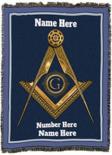 Load image into Gallery viewer, Masonic Gold Square and Compass Blanket - Personalized - Custom Gift Tapestry Throw Woven from Cotton - Made in The USA (72x54)
