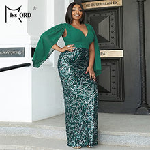 Load image into Gallery viewer, Women’s Plus Size Chiffon Tulle V Neck Cloak Sleeve Formal Maxi Dress, Sequin Split Back Mermaid Evening Prom Gown Green