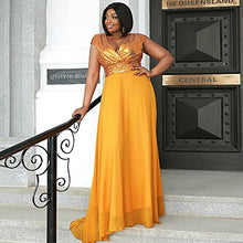 Load image into Gallery viewer, Women’s Plus Size Formal Sequin Wrap Deep V Neck Prom Maxi Dress, Chiffon Sleeveless Floor-Length Evening Ball Gown Yellow