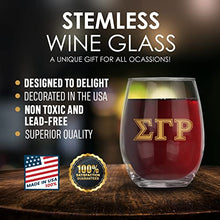 Load image into Gallery viewer, Sigma Gamma Rho Official Vendor - Set of Two 21 oz Stemless Wine Glasses with 10k Gold Ink - 1922 - SGRho - Sorority Paraphernalia