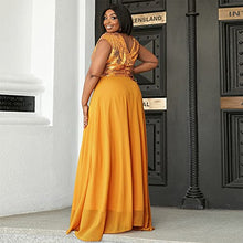 Load image into Gallery viewer, Women’s Plus Size Formal Sequin Wrap Deep V Neck Prom Maxi Dress, Chiffon Sleeveless Floor-Length Evening Ball Gown Yellow
