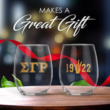 Load image into Gallery viewer, Sigma Gamma Rho Official Vendor - Set of Two 21 oz Stemless Wine Glasses with 10k Gold Ink - 1922 - SGRho - Sorority Paraphernalia