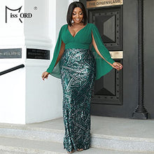 Load image into Gallery viewer, Women’s Plus Size Chiffon Tulle V Neck Cloak Sleeve Formal Maxi Dress, Sequin Split Back Mermaid Evening Prom Gown Green