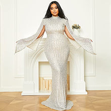 Load image into Gallery viewer, Women’s Plus Size Formal Sequin Long Split Sleeve Prom Maxi Dress, Bodycon Mermaid Evening Gown Apricot