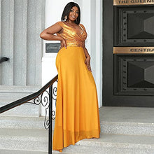 Load image into Gallery viewer, Women’s Plus Size Formal Sequin Wrap Deep V Neck Prom Maxi Dress, Chiffon Sleeveless Floor-Length Evening Ball Gown Yellow