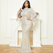 Load image into Gallery viewer, Women’s Plus Size Formal Sequin Long Split Sleeve Prom Maxi Dress, Bodycon Mermaid Evening Gown Apricot