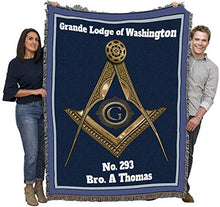 Load image into Gallery viewer, Masonic Gold Square and Compass Blanket - Personalized - Custom Gift Tapestry Throw Woven from Cotton - Made in The USA (72x54)