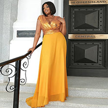 Load image into Gallery viewer, Women’s Plus Size Formal Sequin Wrap Deep V Neck Prom Maxi Dress, Chiffon Sleeveless Floor-Length Evening Ball Gown Yellow