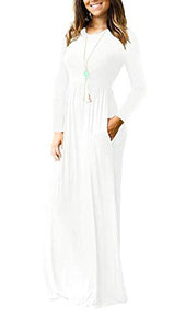 Women's Long Sleeve Loose Plain Maxi Dresses Casual Long Dresses with Pockets(White,Medium)