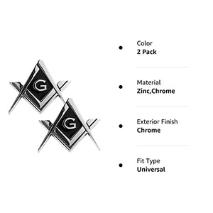 2 Pack 2.75" Chrome Plated Masonic Car Emblem Mason Square and Compasses Auto Truck Motorcycle Decal Gift Accessories