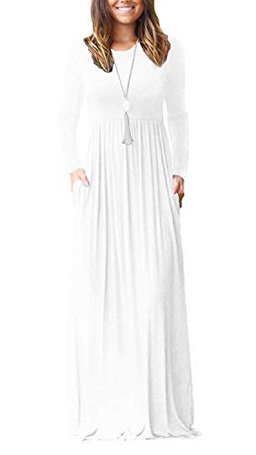 Women's Long Sleeve Loose Plain Maxi Dresses Casual Long Dresses with Pockets(White,Medium)