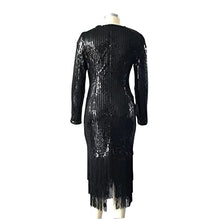Load image into Gallery viewer, Elegant Women Sequin Long Sleeve Tassel Bodycon Midi Dress Party Evening Gown Formal Dress Black
