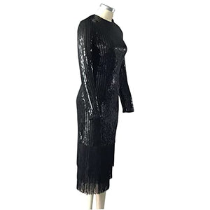 Elegant Women Sequin Long Sleeve Tassel Bodycon Midi Dress Party Evening Gown Formal Dress Black