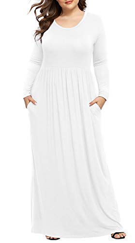 Women's XL-6XL Long Sleeve Casual Plus Size Maxi Loungewear Dresses with Pockets White,6XL