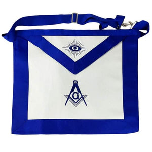 Masonic Master Mason Blue Lodge Apron Machine Embroidered Faux Leather Adjustable Metal Clip Belt Snake Hooks with Square & Compass Blue Grosgrain Ribbon- Size 14 x 16 inches, Blue/White