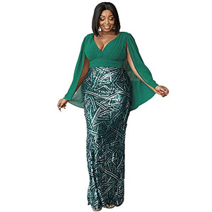 Women’s Plus Size Chiffon Tulle V Neck Cloak Sleeve Formal Maxi Dress, Sequin Split Back Mermaid Evening Prom Gown Green