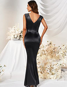 Black Maxi Dress Sleeveless 1950s Retro V Neck Plain Satin Maxi Long Formal Gowns and Evening Dresses for Women XL