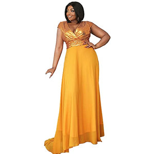 Women’s Plus Size Formal Sequin Wrap Deep V Neck Prom Maxi Dress, Chiffon Sleeveless Floor-Length Evening Ball Gown Yellow