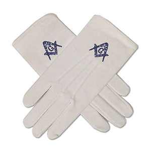 Blue Square & Compass Masonic Embroidered Cotton Gloves - [White]