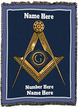 Load image into Gallery viewer, Masonic Gold Square and Compass Blanket - Personalized - Custom Gift Tapestry Throw Woven from Cotton - Made in The USA (72x54)
