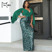 Load image into Gallery viewer, Women’s Plus Size Chiffon Tulle V Neck Cloak Sleeve Formal Maxi Dress, Sequin Split Back Mermaid Evening Prom Gown Green

