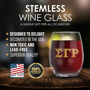 Sigma Gamma Rho Official Vendor - Set of Two 21 oz Stemless Wine Glasses with 10k Gold Ink - 1922 - SGRho - Sorority Paraphernalia