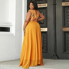 Load image into Gallery viewer, Women’s Plus Size Formal Sequin Wrap Deep V Neck Prom Maxi Dress, Chiffon Sleeveless Floor-Length Evening Ball Gown Yellow
