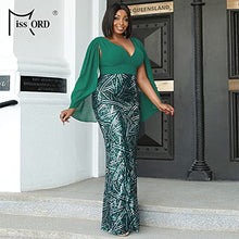 Load image into Gallery viewer, Women’s Plus Size Chiffon Tulle V Neck Cloak Sleeve Formal Maxi Dress, Sequin Split Back Mermaid Evening Prom Gown Green
