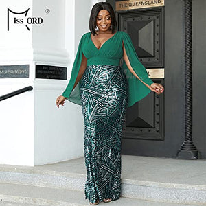 Women’s Plus Size Chiffon Tulle V Neck Cloak Sleeve Formal Maxi Dress, Sequin Split Back Mermaid Evening Prom Gown Green