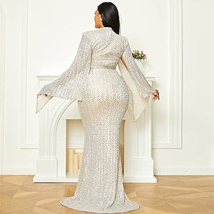 Women’s Plus Size Formal Sequin Long Split Sleeve Prom Maxi Dress, Bodycon Mermaid Evening Gown Apricot