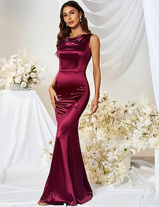 Women's Vintage Sleeveless Bodycon Crew Neck Ball Gowns and Evening Party Long Dress Burgundy S