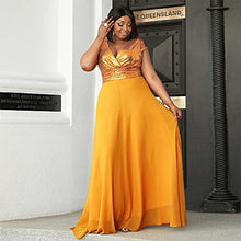 Load image into Gallery viewer, Women’s Plus Size Formal Sequin Wrap Deep V Neck Prom Maxi Dress, Chiffon Sleeveless Floor-Length Evening Ball Gown Yellow
