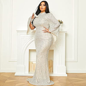 Women’s Plus Size Formal Sequin Long Split Sleeve Prom Maxi Dress, Bodycon Mermaid Evening Gown Apricot